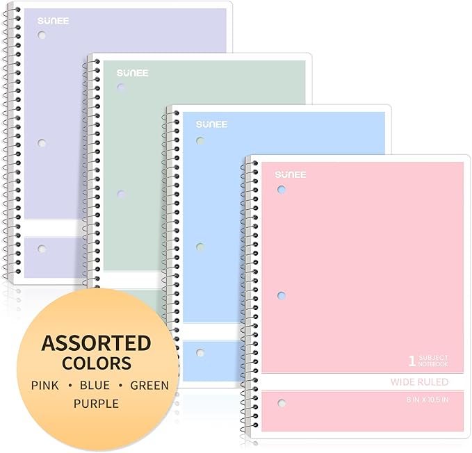 SUNEE Spiral Notebooks Wide Ruled, 1-Subject, 4 Pack, 8 x 10-1/2 in, 70 Sheets, 3-Hole Punched 70gsm Paper, Pastel Pink, Purple, Blue, Green for School, Home & Office, Writing Journal