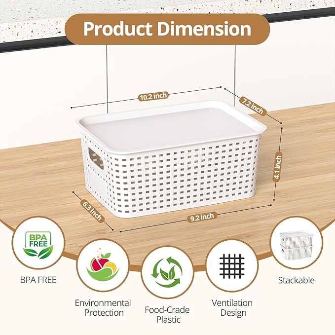 ZFTMRR Plastic Storage Basket with Lid, Stackable Small Box Bins for Organizing and Containers for Shelves Drawers Desktop Closet Playroom Pantry Classroom Office Home, 8 Pack 10.2x7.2x4.1 Inch, White