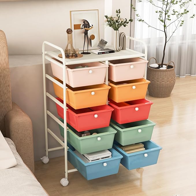 GLACER 10 Drawer Rolling Cart, Storage Cart with Lockable Whieels & Metal Frame, Trolley for Art Craft Oganizer, Mobile Utility Cart for Office, School, Classroom, Kitchen (Multicolor)