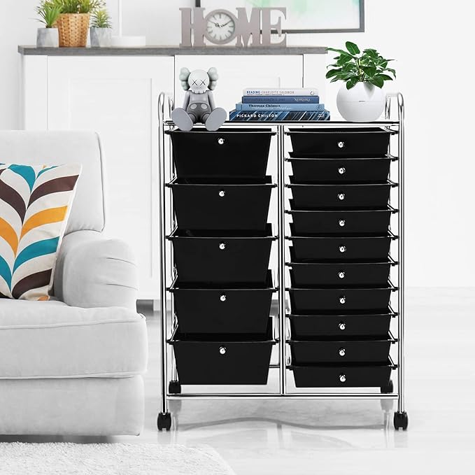 COSTWAY 15 Drawer Rolling Storage Cart, Multipurpose Mobile Storage Organizer w/Removable Drawers & Metal Frame, Utility Tools Paper Organizer on Wheels for Home, Office (Black)