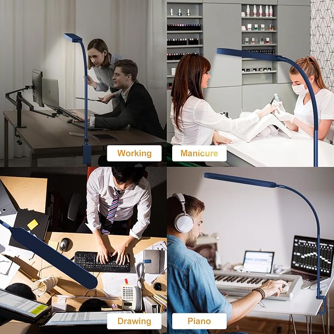 SKYLEO LED Desk Lamp - Desk Light for Home Office - Flexible Gooseneck - 5 Color Modes X 11 Brightness Levels - 1300LM - Timmer & Memory Function - 12W Clip on Light - Blue