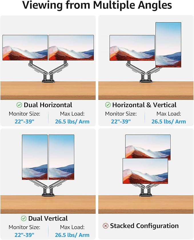 MOUNTUP Dual Monitor Mount Holds 4.4-26.5lbs, Heavy Duty Monitors Arm for 39 37 34 32 27inch,Double Monitor Stand for 2 Monitor, Height Adjustable Monitors Desk Mount with C-Clamp＆Grommet Base