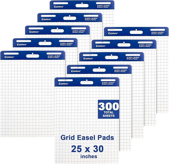 Comix Grid Sticky Easel Pad, 25 x 30 Inches Flip Chart Paper for Teachers, Large Self-Stick Pads for Office School, 30 Sheets/Pad, 10 Pads/Pack