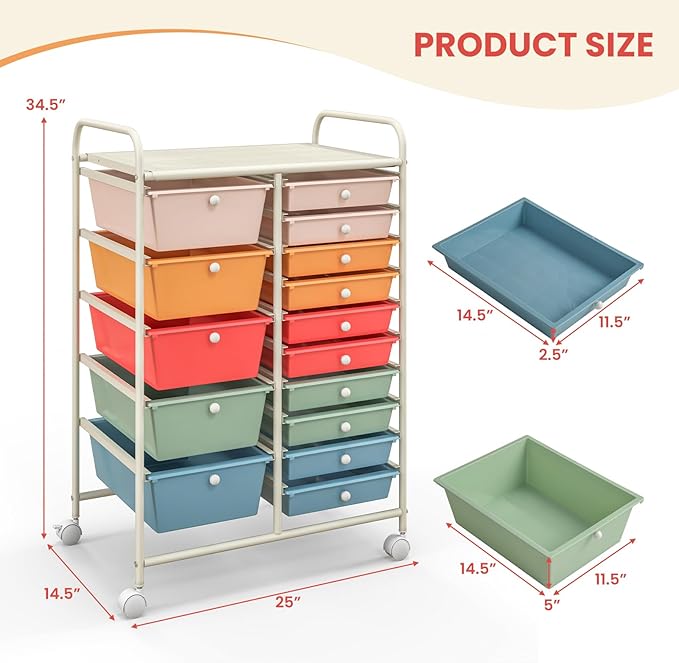 GOFLAME 15-Drawer Rolling Storage Cart, Craft Storage Cart with Removable Drawers & Lockable Wheels, Art Cart Supply Storage Organizer for Home Office Classroom, Macaron Color