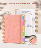 Hardcover Spiral Notebook Journal with Removable Dividers Tabs, 300 Pages Leather 5 Subject Notebook College Ruled, 8"x10" Large B5 Notebooks for Work School Note taking, Lined Journal for Women, Pink