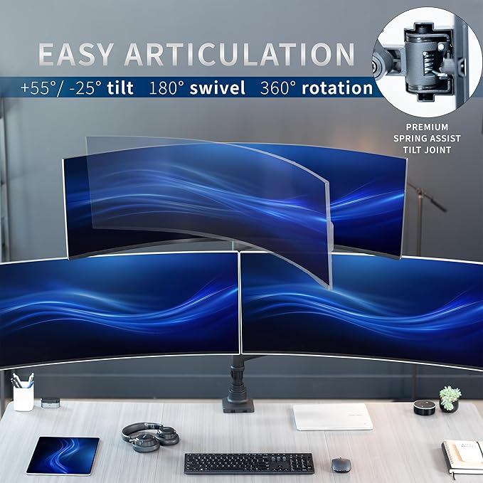 VIVO Pneumatic Arm Triple Ultrawide Monitor Extra Tall Desk Mount for Up to 49 inch Screens, Heavy Duty Clamp, Holds 3 Ultra Wides Up to 44 lbs, Black, STAND-V300D
