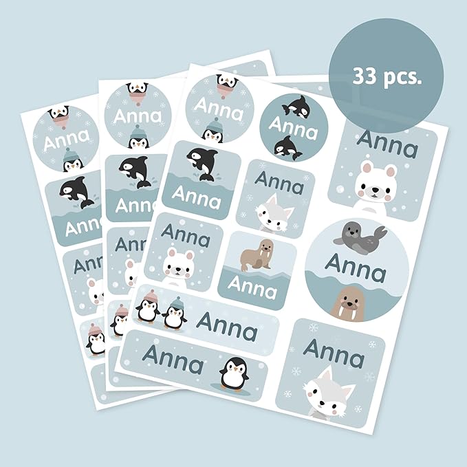 Large Name Labels for Kids (33) - Custom Stickers for Daycare and School Supplies - Durable, Waterproof Stickers for Water Bottles, Lunch Boxes, and More with Unique Designs - Arctic Animals