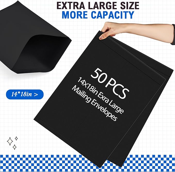 Motipuns 50 Pcs 14'' x 18'' Extra Large Mailing Envelopes 32lb with Gummed Flaps, Catalog Jumbo Craft Envelopes for Mailing, Storage and Organizing Documents Office Supplies(Black)