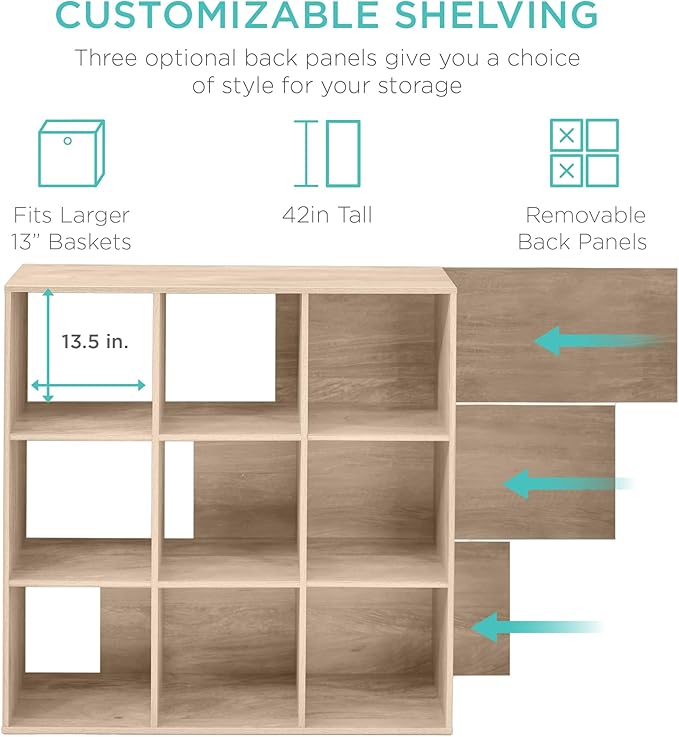 Best Choice Products 9-Cube Storage Organizer, 13.5in Shelf Opening, Bookcase, Display Shelf, Customizable w/ 3 Removable Back Panels – Light Oak