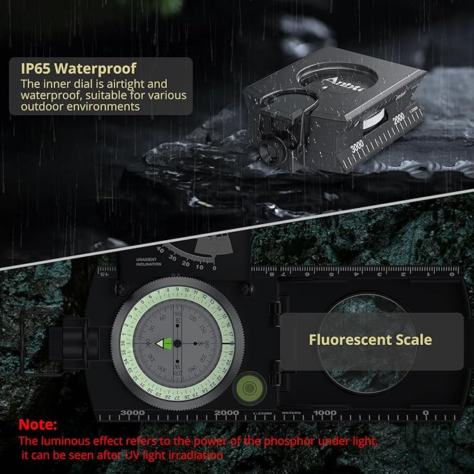 Anbte Compass Hiking Survival, IP65 Waterproof Metal Compass with Sighting Clinometer and Carry Bag, Multifunctional, Professional, for Camping Hunting Hiking Navigation