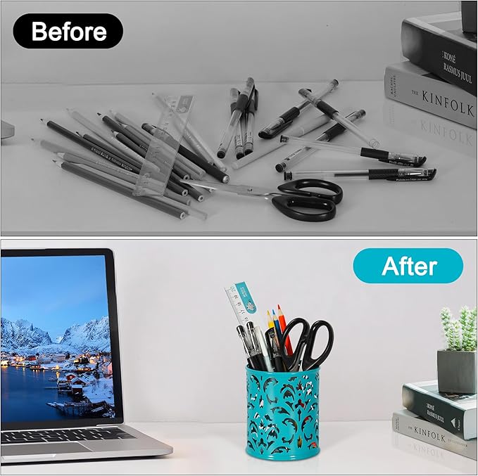 EasyPAG Teal Pen Holder for Desk, 2 Pack Round Pen Organizer, Brush Holder for Vanity, Metal Pencil Cup Organizer for Home, Office, Classroom, School