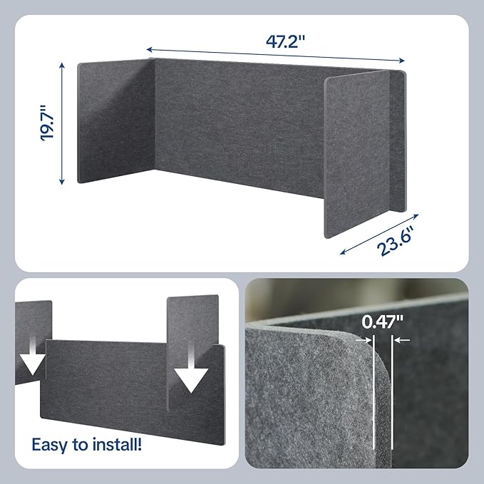 Keemute Desk Divider Privacy Screen 3 Panel Sound Absorbing - 47.2”x 23.6”x 19.7” Freestanding Acoustic Partitions for Office, Noise Reducing Panels for School, Home, Library,Dark Grey