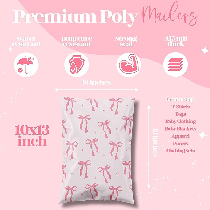 Pretty Package Store 10x13 Designer Poly Mailer 100 Pack Heavy Duty Waterproof Self Seal Shipping Bags for Small Business Large Mailing Envelopes Bulk Tear Resistant Packaging Pink Bows Coquette