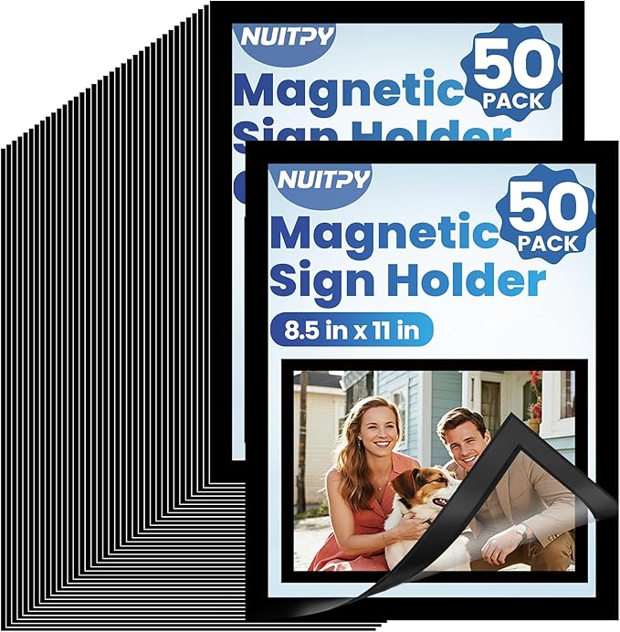 NUITPY 50 Pack Magnetic Sign Holder, 8.5in x 11in Self Adhesive Wall Mount Magnetic Document Holder, Magnetism Border Sign Holder with Transparent PVC Front Cover