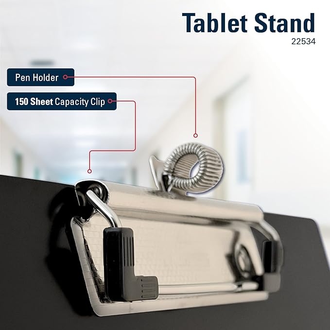 Saunders Free Standing Clipboard and Tablet Stand, Black Letter Size Paper Organizer with Steel Clip for Office, School & Work - Clip Board Paper Stand Holds Documents, Tablets & Phones - Made in USA
