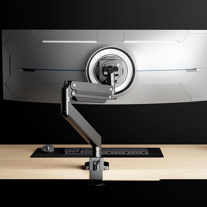 Pixio PS2S Titan Black Ultrawide Mega Heavy-Duty Premium Single Monitor Arm Stand fits up to 57 inch Monitors Holds up to 59.4lbs VESA Compatible Integrated Cable Management