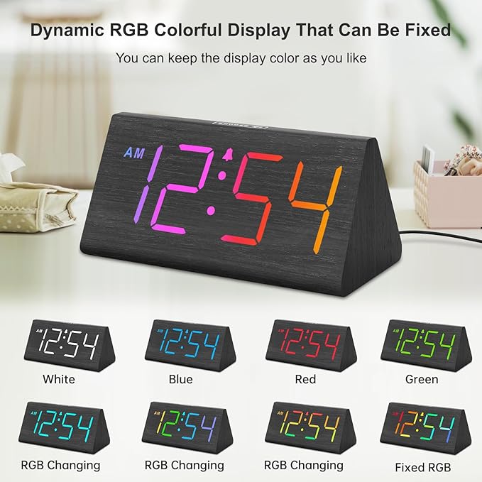 DreamSky Wooden Digital Alarm Clock for Bedroom - RGB Electric Desk Clock with Large Numbers, USB Port, Loud Alarm for Heavy Sleepers, Dimmer and Volume Control, Snooze, Wood Décor (Adapter Powered)
