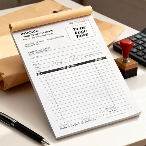 100 Sets Custom 5.7" X 8.5" Invoice Receipt Book, Personalized Duplicate Carbonless Form with Logo/Text, Paper 2-Part/3-Part in Bulk Purchase Orders, Sales Orders, Price Forms (3-Part)