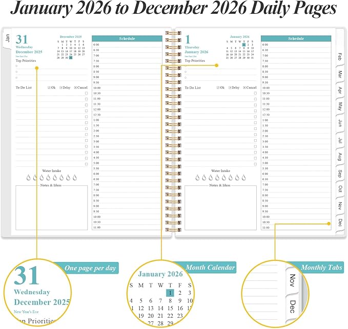 2026 Daily & Monthly Planner - One Page Per Day, Daily Planner from January 2026 - December 2026, Planner 2026 with 12 Monthly Tabs, 8.5" x 11", Rose Leaf