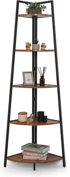 CAPHAUS Tall Corner Shelf Stand, 5-Tier Display Shelves, Ladder Corner Wood Storage Plant Bookshelf with Metal Frame, Versatile Shelving Unit Bookcase for Home Office Space, Rustic Oak