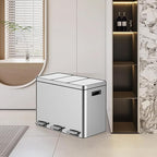 OUTLANE 45L Triple Compartment Stainless Steel Recycling Bin, Step Pedal, Soft Close Lid, Removable Liners, Smudge Resistant, Kitchen/Office Waste Sorter, 37.6x63x46.8cm