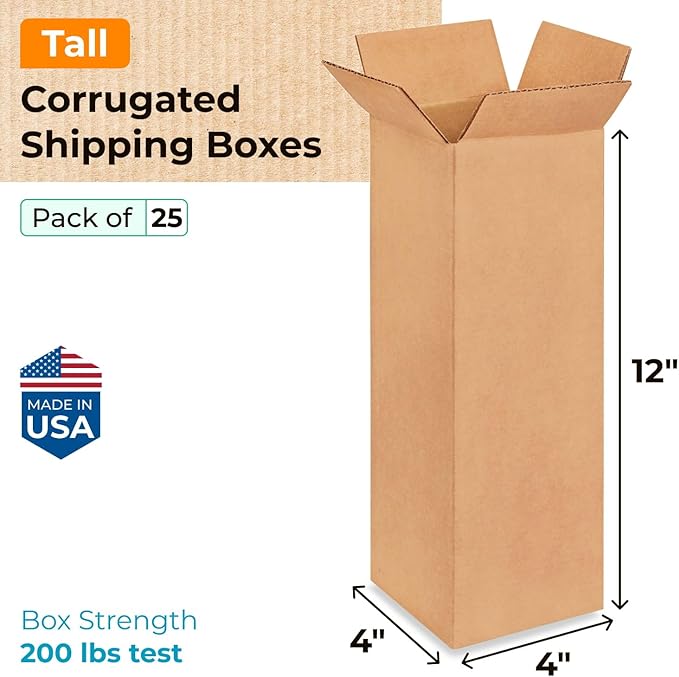 Tall Moving & Shipping Boxes 4"L x 4"W x 12"H (25-Pack) - Extra Strength 200 lb vs Regular - Corrugated Moving Boxes for USPS/UPS/FEDEX - Packing Box - Packing Box for Moving by IDL Packaging