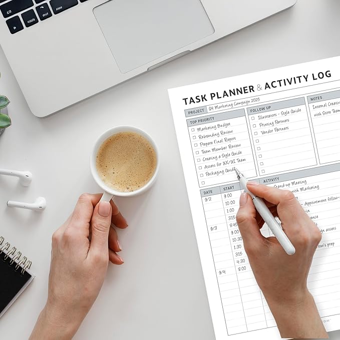 Task Planner & Tracker 8.5 x 11 Tear-Off 70 Sheet Planner Pad – Project Organizer with Time Log, Top Priority, Follow-Up – Notepad for Home & Office (White, Classic, 1 Pack)
