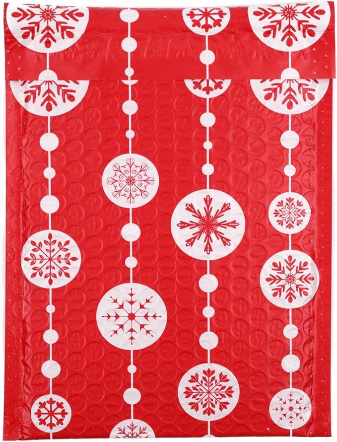 Bubble Mailers 6x9" - Red Snowflake Baubles with Writable Area - 25 Pack - Holiday Poly Padded Envelopes and Bubble Shipping Mailers