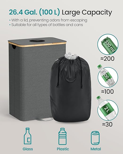 SONGMICS Recycling Bin for Kitchen 26.4 Gallon. Bottle Recycling Container, Collection Bin, for Metal, Plastic, Paper, Glass, Inner Bag with Handles, Kitchen, Slate Gray and Natural Beige URRB509G01