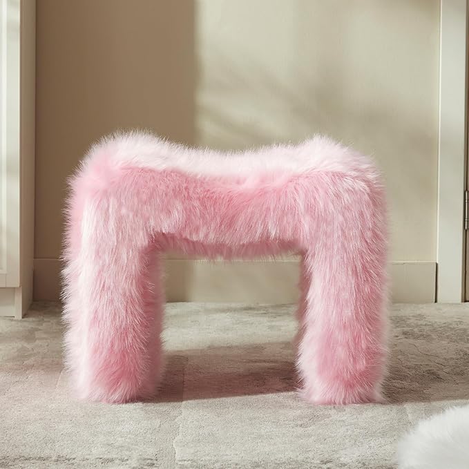ZYKZYK Modern Vanity Stool Ottoman, Backless Faux Fur Small Footstool for Makeup Room, Living Room, Bedroom, Entryway Portable and Comfortable Seating (Single Piece) Pink