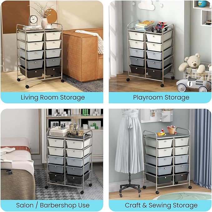 LDAILY 10 Drawer Rolling Cart, Storage Cart Organizer on Wheels, Drawer Cart with Metal Frame & Large Storage Capacity, Rolling Cart with Drawers for Living Room Classroom, Office