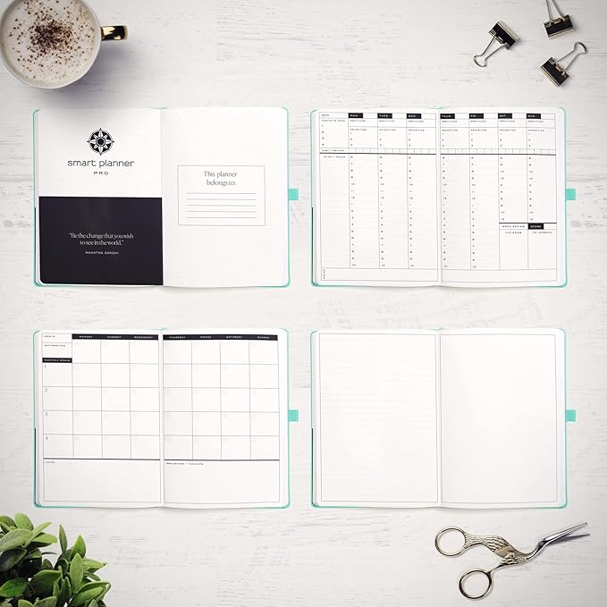 Smart Planner Pro – Medium 10 x 7 inches (B5) – Undated Agenda Daily Planner – Tested & Proven to Achieve Goals & Increase Productivity, Time Management & Happiness with Weekly, Monthly, Gratitude Sections, Back Pocket (Turquoise)