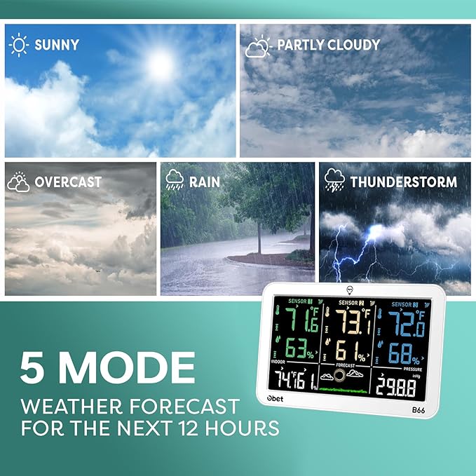 OBET Weather Station Wireless Indoor Outdoor Thermometer with 3 Sensors, Temperature Humidity Monitor with Alerts 500ft Range and 3 Adjustable Brightness White