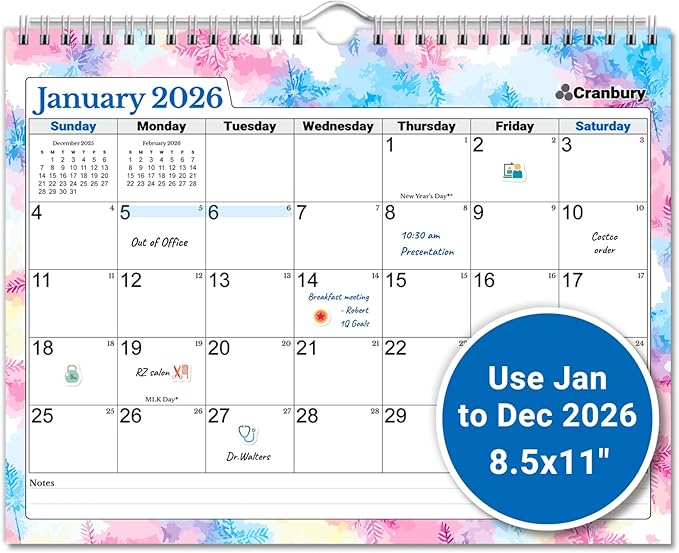 Cranbury 2026 Wall Calendar 12 Month, 8.5x11 Small Calendar for Wall or Desk, Thick Paper, Bonus Stickers and Note Sections, Monthly Seasonal Design, 2026 Planner 8x11