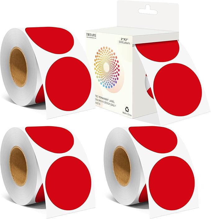2 Inch Color Coding Round Labels (2000Pcs, 4 Rolls) - Round Colored Dot Stickers for Inventory, Pantry, Warehouse Organization - Red Circle Dot Labels