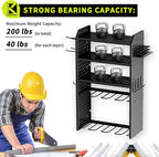 KAFAHOM Power Tool Organizer,Large 8 Drill Holder Wall Mount with 2 Side Pegboards,5 Layer Metal Tool Storage Rack with 12 Hooks,Tool Shelf for Garage Organization,Utility Battery Shelves - Black