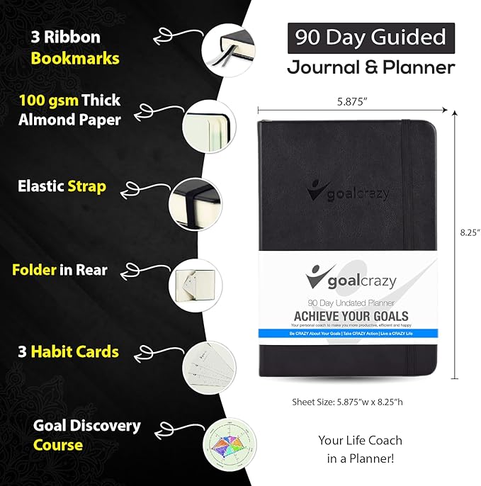 Undated Planner – 90 Day Guided Journal & Productivity Organizer, A5 Daily & Weekly Planner 2025 2026 with Goal Setting, Habit Tracker, To Do List, Academic & Work Calendar, Leather Hardcover - Black