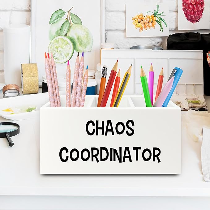 XPH Chaos Coordinator Pen Pencil Holder Organizer for Desk, Thank You Gifts for Women Men Coworkers Boss Leader Manager, Appreciation Gifts Wooden Box Sign for Home Office Desk Tabletop Decorations