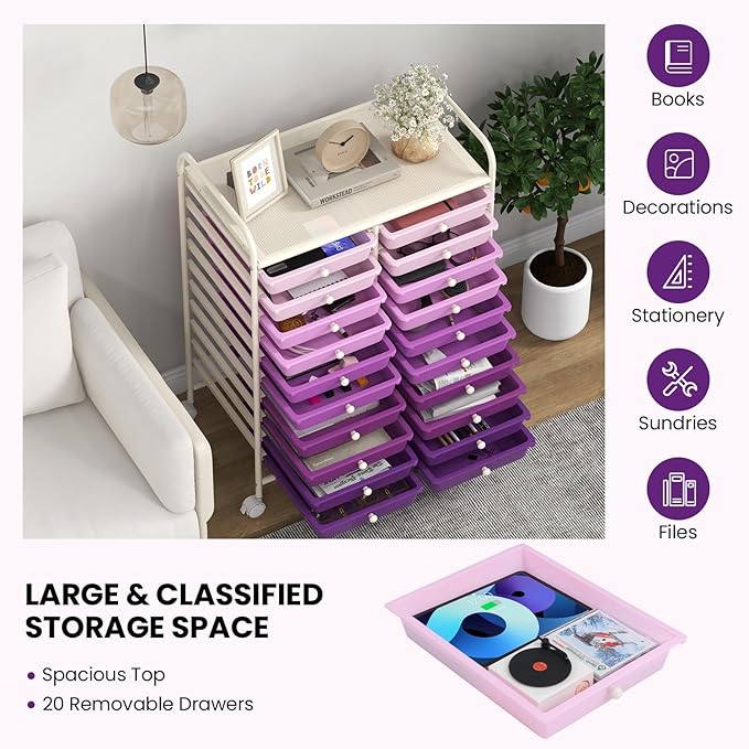 Happygrill 20-Drawer Organizer Cart Tools, Mobile Utility Storage Cart with Removable Drawers & Lockable Wheels, Rolling Storage Cart with wheels for Home Office School (Purple Gradient)