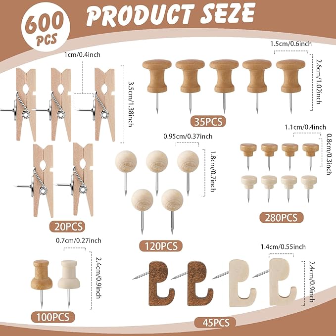 600 Pcs Decorative Push Pins, Wood Brown Thumb Tacks 6 Types Cute Push Pin Clips for Bulletin Board Wall Cork Board Colorful Classroom Decor Teacher Must Haves Supplies School Crafts Project