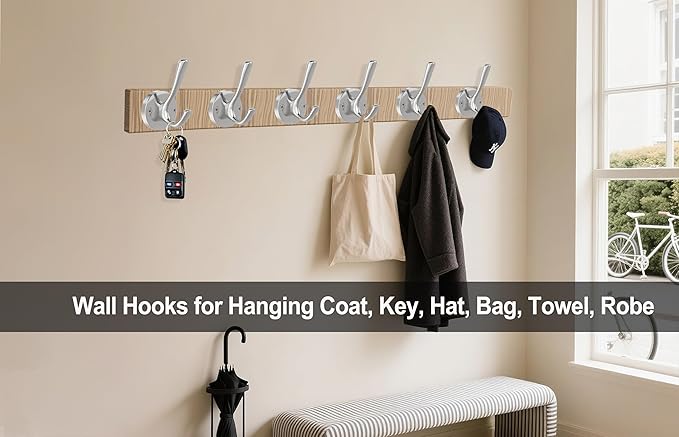 TOFIIGREM Brushed Nickel Wall Hooks Towel Hooks, 2 Pack Coat Robe Hook Heavy Duty Bathroom Double Hook Wall Mounted, Hand Towel Hooks for Closet Entryway Cubicle Kitchen