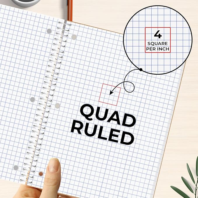 Rosmonde 1 Subject Graph Paper Spiral Notebook, 24 Pack, 70 Sheets (140 Pages), 8 x 10-1/2" Bulk 4x4 Spiral Bound Grid Notebooks, 3 Hole Punched Single Subject Quad Ruled Spiral Notebooks for School
