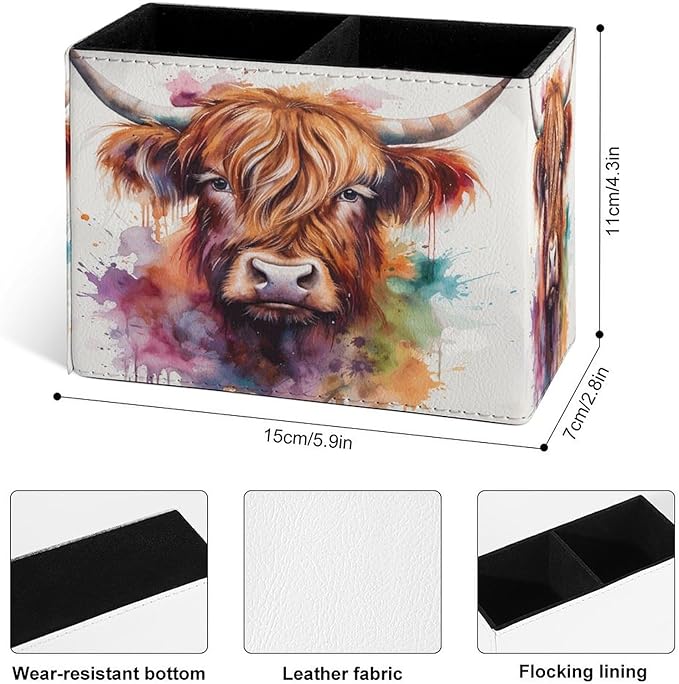 Famame Cute Cow Highland Pencil Holder for Desk, Leather Desktop Container Pen Cup Storage Study Table Pen Organizer Makeup Brush Holder for Classroom Office Home