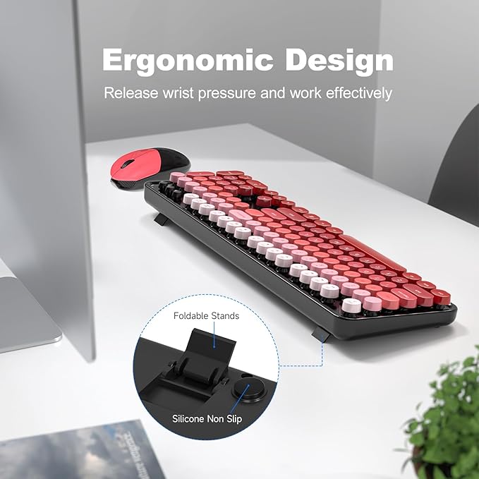 MOFII Wireless Keyboard and Mouse Combo, Full Size 2.4G Plug and Play Typewriter Retro Round Computer Keyboard and Mouse Set for Windows, Computer, Desktop, PC, Notebook - (Black Red Gradient)