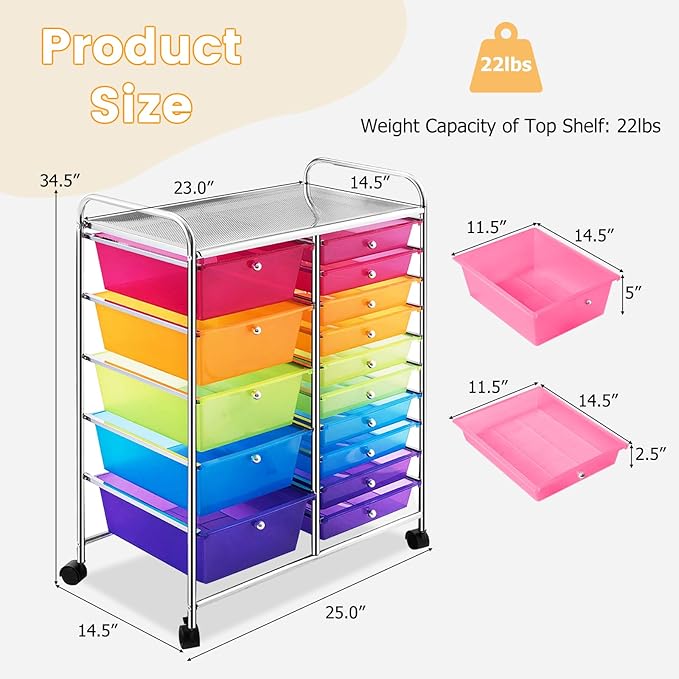 GLACER 15 Drawers Rolling Cart, Storage Cart with w/Removable Drawers & Steel Frame, Multipurpose Organizer Cart w/Sleek Handle, Utility Cart on Lockable Wheels for Home, School, Office (Rainbow)