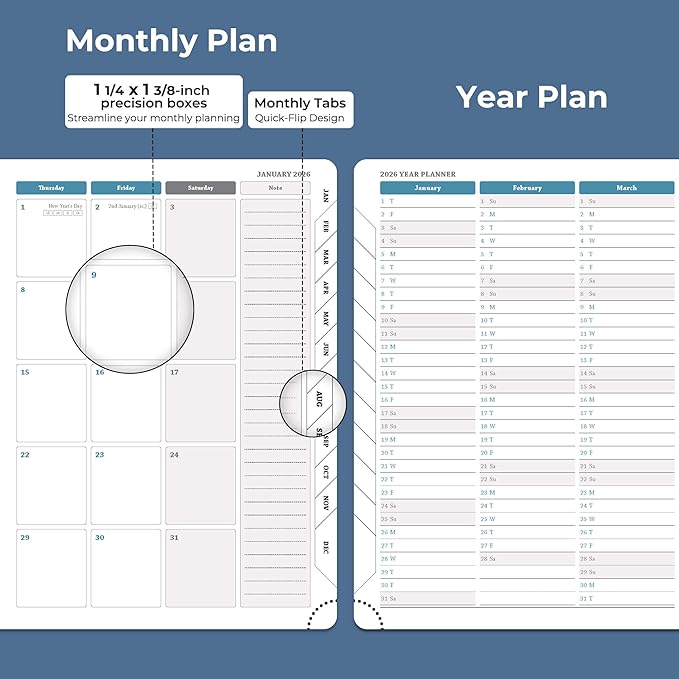 IN-LUXPRO Planner 2026 Daily Weekly and Monthly,8.5"x6.5",12 Months Spiral Bound Calendar Agenda with Self-adhesive Pen Holder,2026 Appointment Book with Vegan Leather Soft Cover,Blue