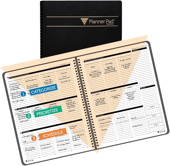 Planner Pad Spiral Bound January-December 2026/ Calendar Year 8 1/2" x 11" Large 3-Tier Funnel Down 12 Month Organizer, Black Cover/Black Ink