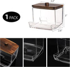 Tbestmax Bathroom Organizer Accessories Set-12/7 oz Qtips Holder Storage, Clear Cotton Ball/Swabs Dispenser, Plastic Square Apothecary Jars with Brown Wood Lids