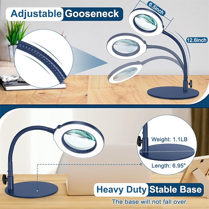 IVMAIE 10X Magnifying Glass with Light, Real Glass Lens, 5 Color Modes Dimmable, Flexible Gooseneck Lighted Magnifier with Stand, LED Desk Lamp Hands Free for Crafts Painting Reading Close Work, Blue