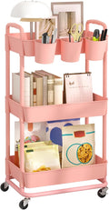 JIUYOTREE 3-Tier Plastic Rolling Storage Cart Utility Cart with Extra Hanging Cups Handles Lockable Wheels for Living Room Bathroom Kitchen Office Pink